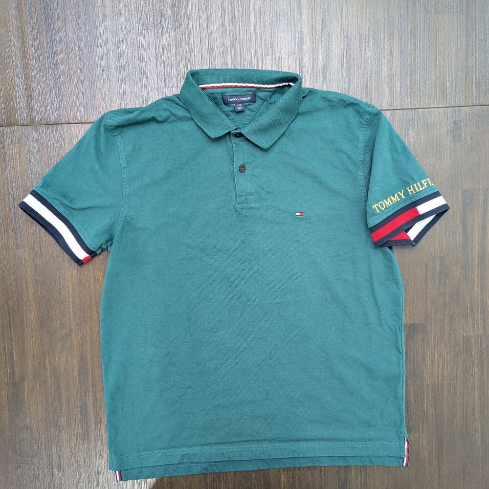 Tommy Hilfiger | Men's Large Green Flag Cuff Polo Shirt